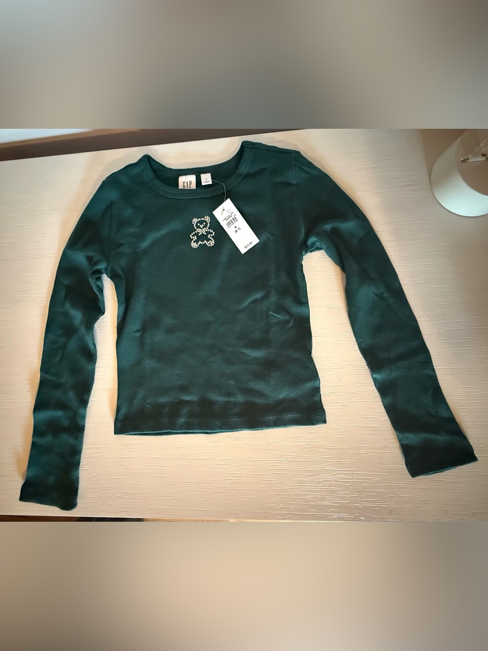 GAP Dark Green Long-Sleeve Tee with Rhinestone Teddy size Small